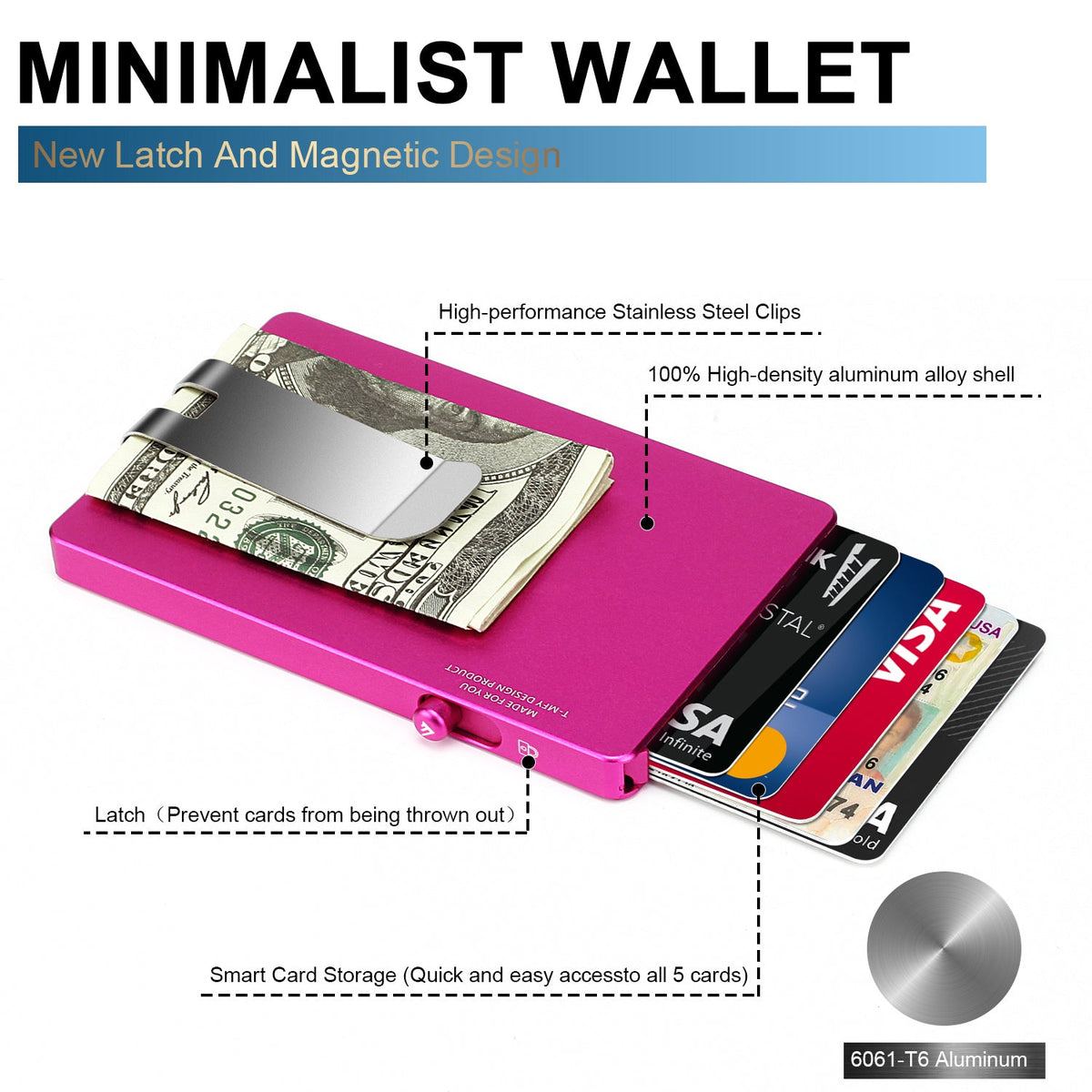 Minimalist Pop up Wallet with Money Clip, All Aluminum Slide Rfid Slim Card Holder