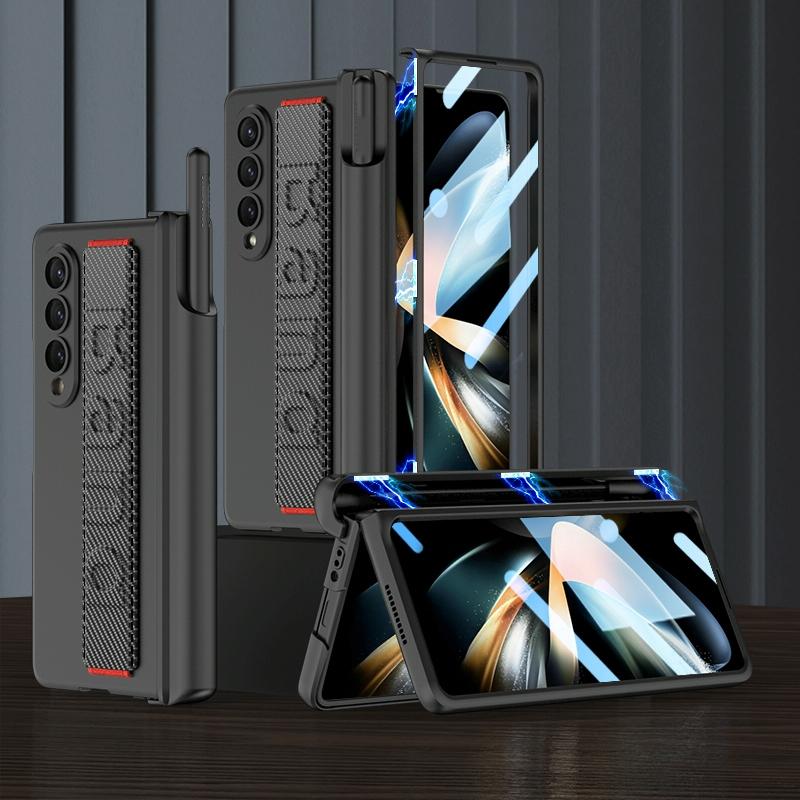 NNEDSZ Samsung Galaxy Z Fold 4 Shockproof Magnetic Fold Case With Wrist Strap - Carbon Fibre